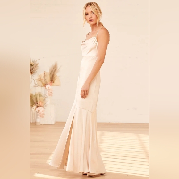 Lulus Moment in the Spotlight Champagne Satin Cowl Neck Maxi Dress L Wedding - Picture 3 of 9